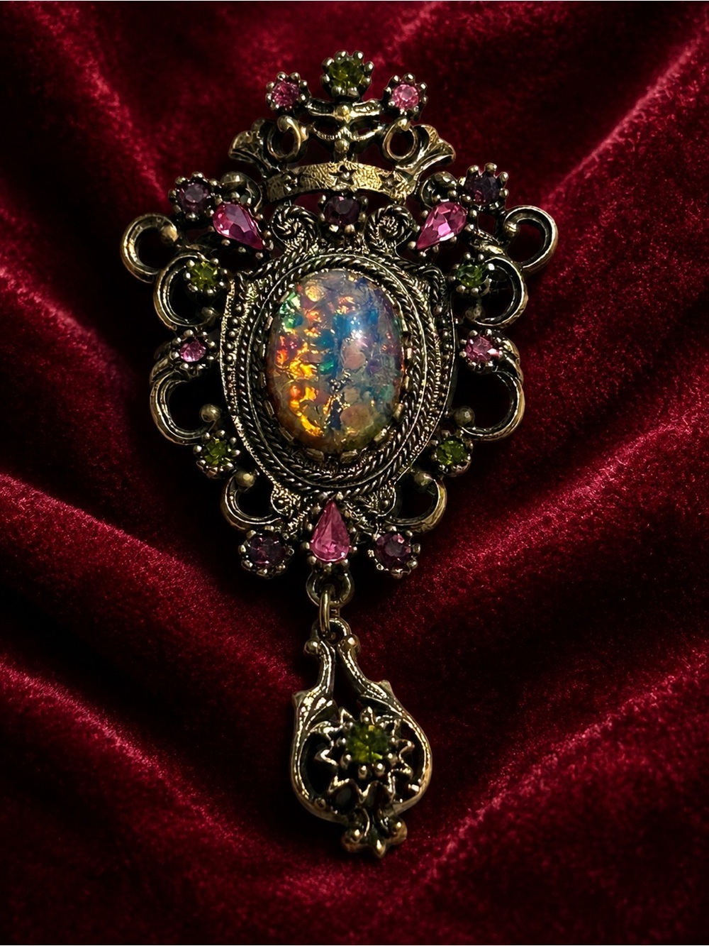 Vintage Sarah Coventry Opal-Style Rhinestone Brooch Pendant Dangle Gold Tone